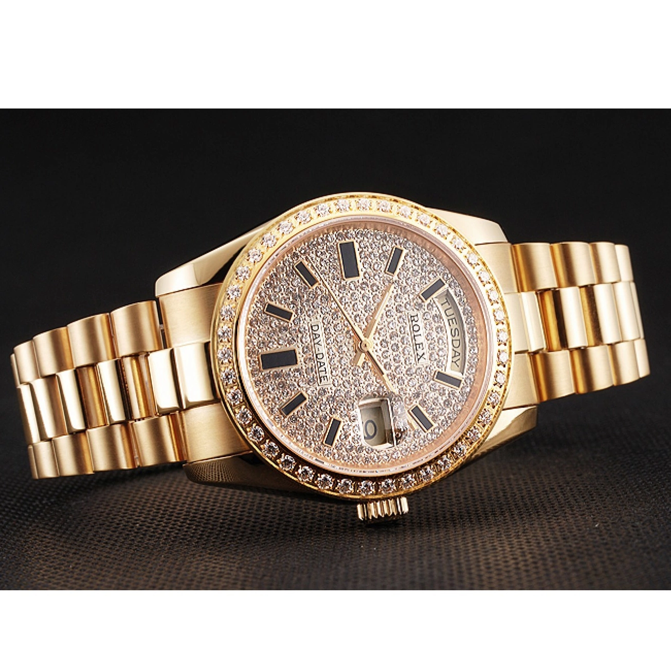 Aaa replica watch Dial Pave Bezel Date And Rolex Gold And Day Bracelet Swiss Case Diamond 0724